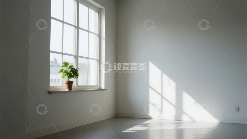 高清大图下载【趣麦麦图】明亮窗户下的简约室内空间绿植点缀