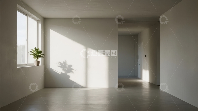 高清大图下载【趣麦麦图】简约室内空间光影交错窗边绿植点缀