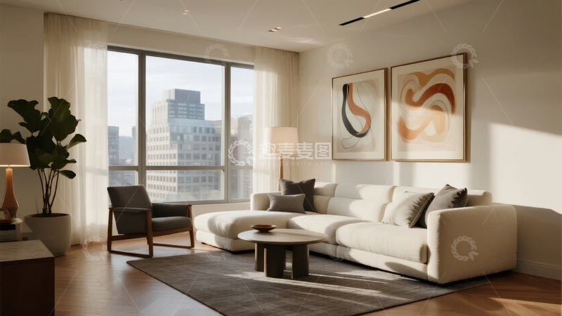 高清大图下载【趣麦麦图】现代客厅阳光明媚落地窗城市景观
