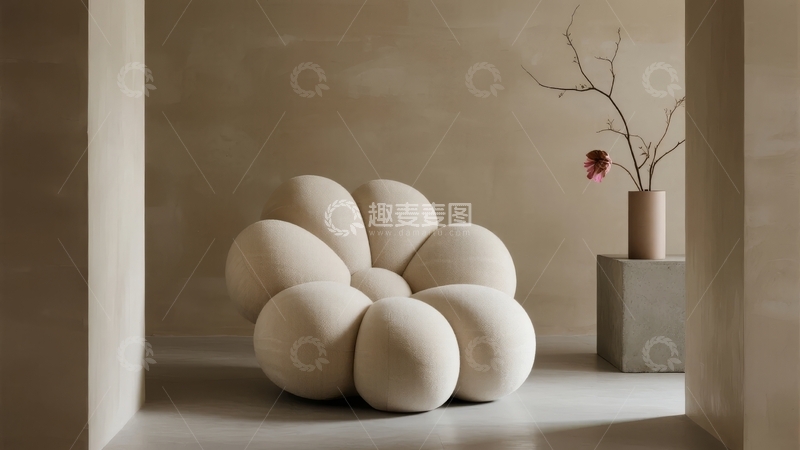 高清大图下载【趣麦麦图】现代简约风格的室内空间摆放着独特造型的白色座椅和装饰花瓶