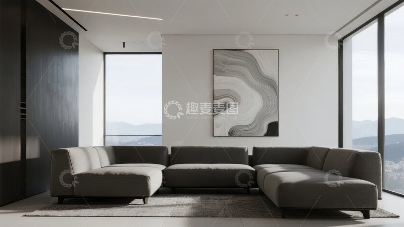 高清大图下载【趣麦麦图】现代简约客厅设计大面积落地窗与抽象艺术装饰
