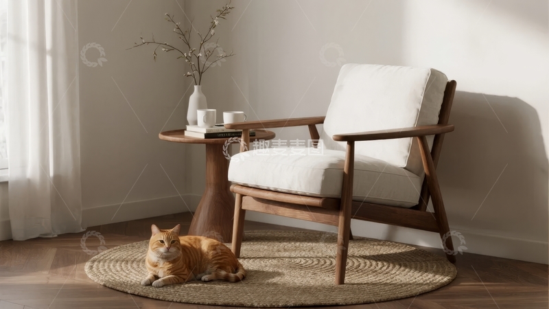 高清大图下载【趣麦麦图】室内角落一只橘猫悠闲地躺在地毯上