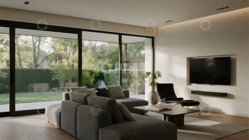 高清大图下载【趣麦麦图】现代简约客厅设计大面积玻璃窗连接户外绿意