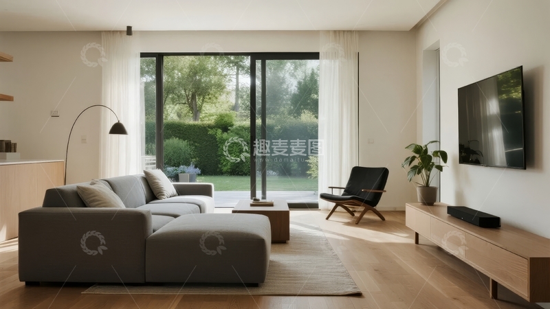 高清大图下载【趣麦麦图】现代简约客厅设计带大面积玻璃门通向花园