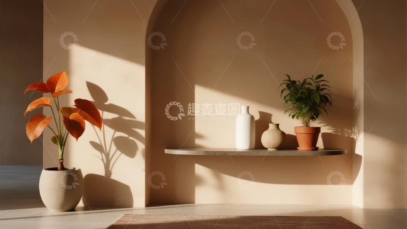 高清大图下载【趣麦麦图】阳光洒落的室内角落摆放着绿植与陶瓷器皿