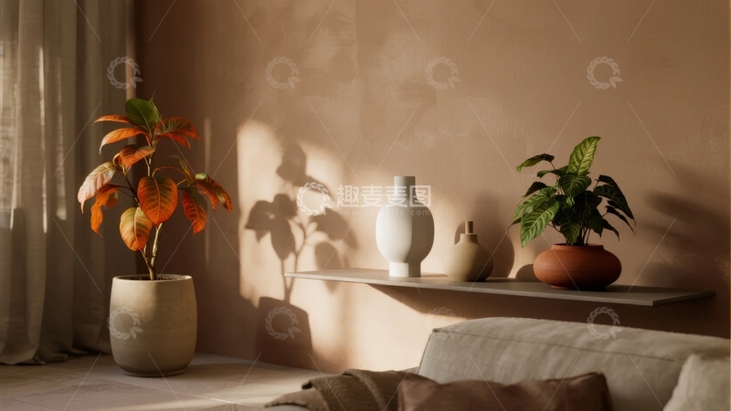 高清大图下载【趣麦麦图】室内角落摆放着绿植和装饰品阳光洒落营造温馨氛围