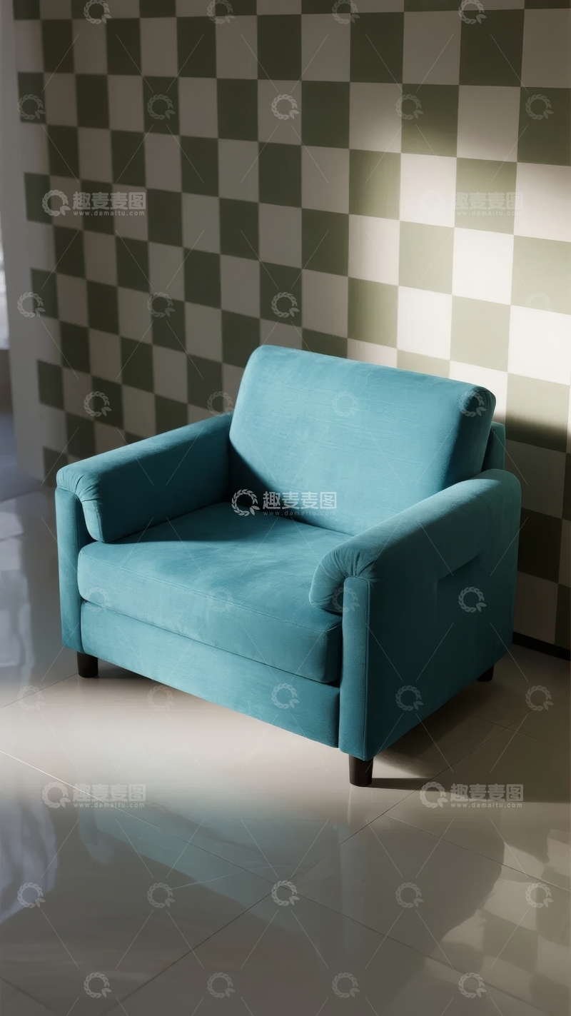 高清大图下载【趣麦麦图】蓝色扶手椅置于格子墙前的室内场景