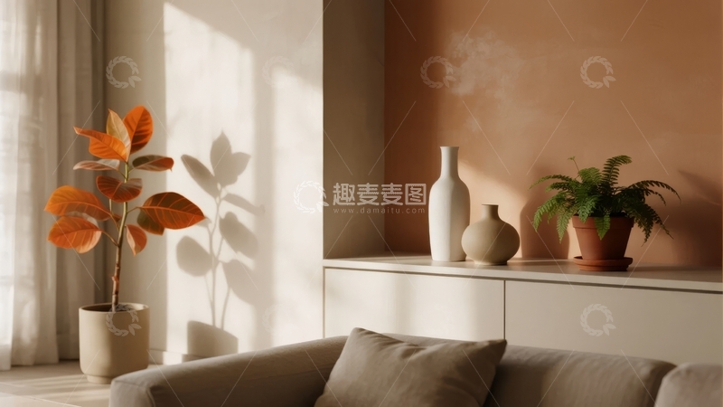 高清大图下载【趣麦麦图】阳光洒落的客厅角落摆放着绿植与花瓶