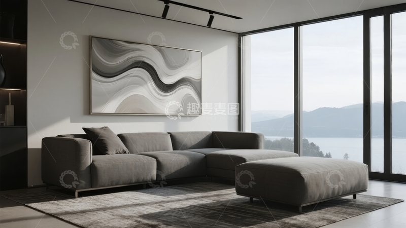 高清大图下载【趣麦麦图】现代简约客厅配大幅抽象画和落地窗景观