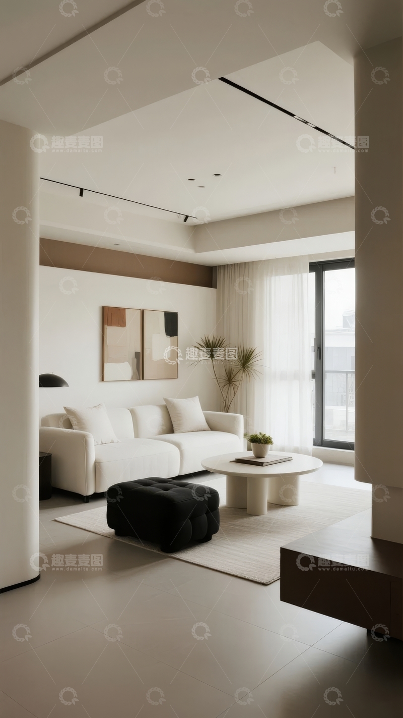 高清大图下载【趣麦麦图】现代简约风格客厅设计白色沙发与艺术装饰画
