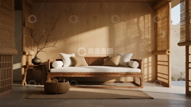 高清大图下载【趣麦麦图】日式风格室内空间阳光透过竹帘洒在木质沙发上