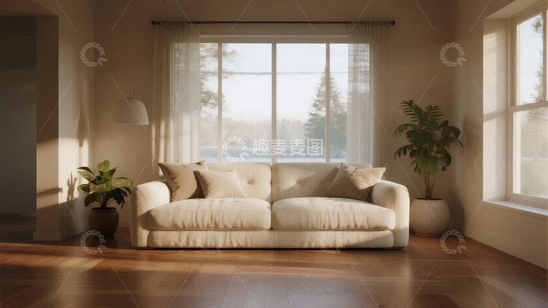 高清大图下载【趣麦麦图】明亮客厅内摆放着米色沙发和绿植