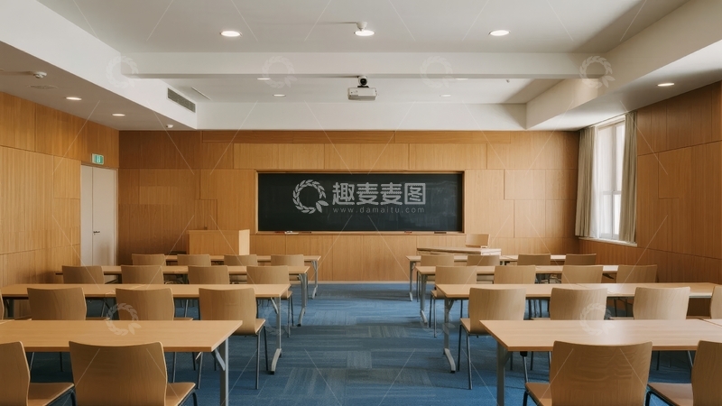 高清大图下载【趣麦麦图】空旷教室内部排列整齐桌椅和黑板