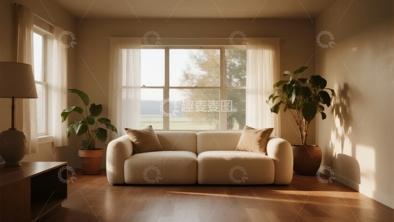 高清大图下载【趣麦麦图】明亮客厅内摆放着米色沙发和绿植