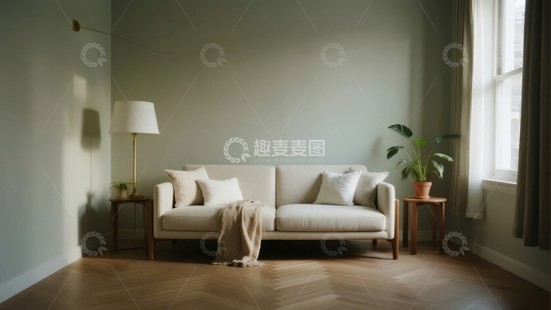 高清大图下载【趣麦麦图】简约现代客厅沙发配绿植与落地灯