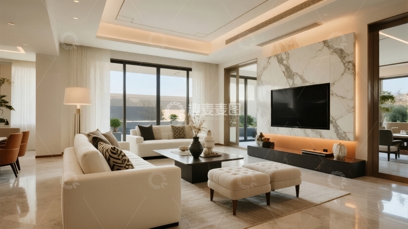 高清大图下载【趣麦麦图】现代豪华客厅设计配备大理石电视墙和宽敞落地窗