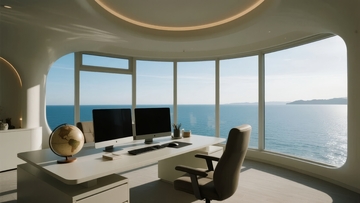 现代办公桌临海而设配备双显示器和地球仪