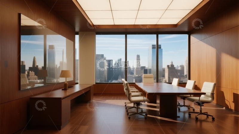 现代商务会议室配备宽敞落地窗和木质装饰
