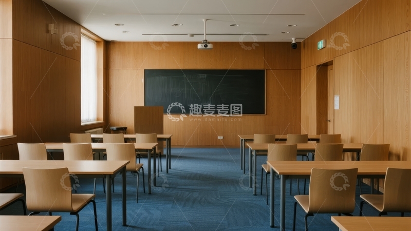 高清大图下载【趣麦麦图】现代教室内部排列整齐的桌椅和黑板