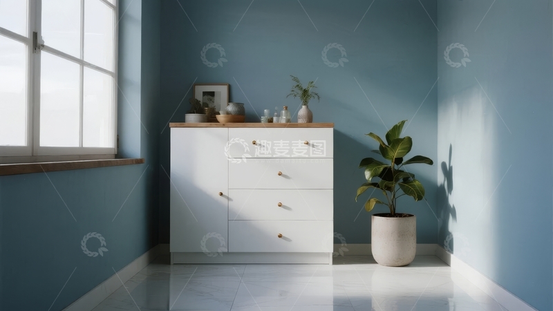 高清大图下载【趣麦麦图】蓝色墙面房间内摆放着白色柜子和绿植