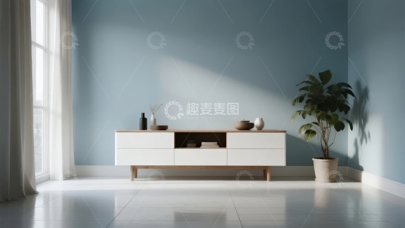 高清大图下载【趣麦麦图】简约现代风格客厅墙面装饰与绿植摆设