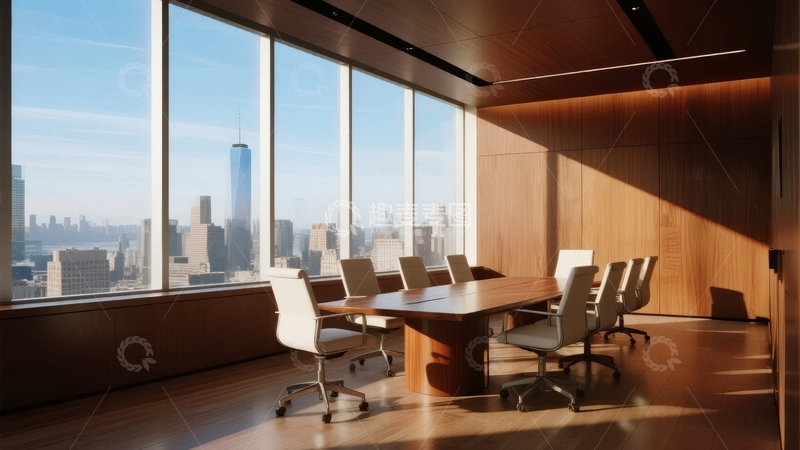 高清大图下载【趣麦麦图】现代会议室配备长桌和城市景观视野