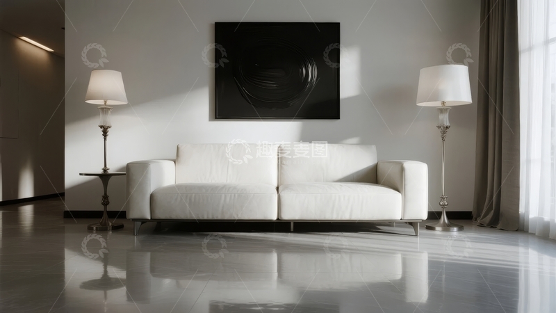 高清大图下载【趣麦麦图】现代简约风格客厅白色沙发与落地灯