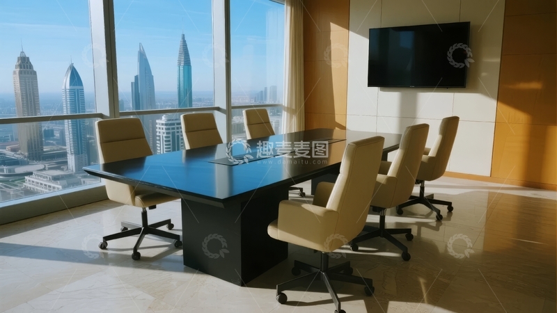 现代化会议室配备长桌和城市景观