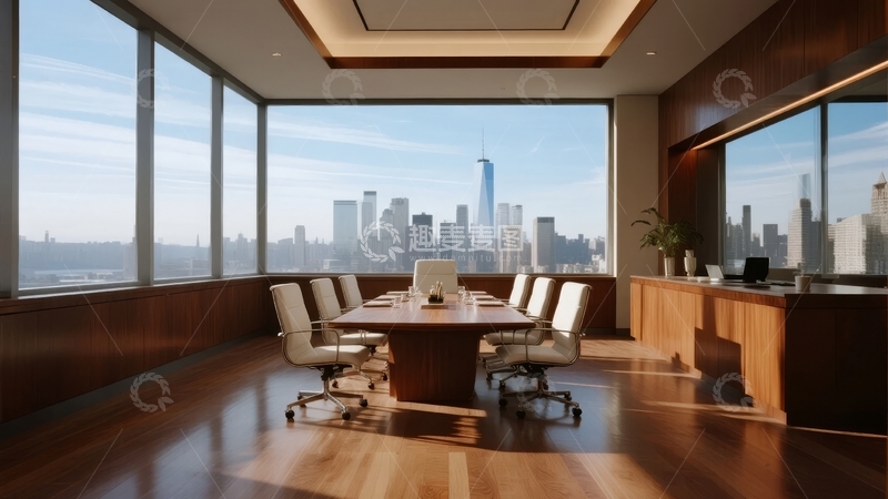 高清大图下载【趣麦麦图】现代会议室配备长桌和城市全景视野
