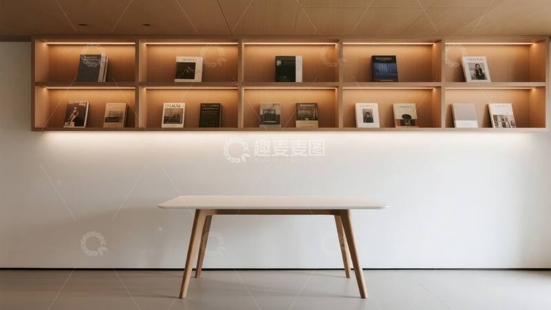 高清大图下载【趣麦麦图】简约现代风格的室内空间摆放着木质书架和桌子