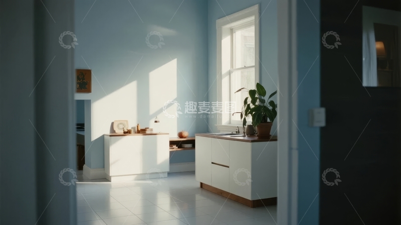 高清大图下载【趣麦麦图】明亮厨房一角阳光洒落窗边绿植点缀