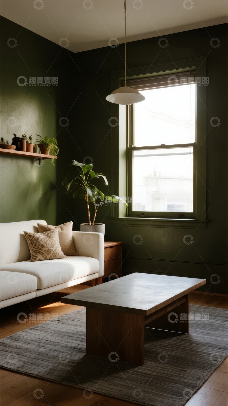 高清大图下载【趣麦麦图】深绿色墙面的简约客厅搭配白色沙发和绿植