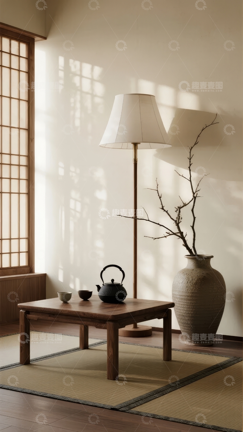高清大图下载【趣麦麦图】日式风格室内茶道场景光影交错静谧氛围