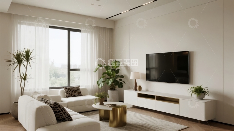 高清大图下载【趣麦麦图】现代简约客厅布置配有白色沙发和电视柜