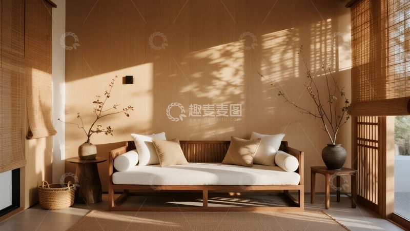 高清大图下载【趣麦麦图】日式风格客厅阳光透过竹帘洒在木质沙发和装饰品上