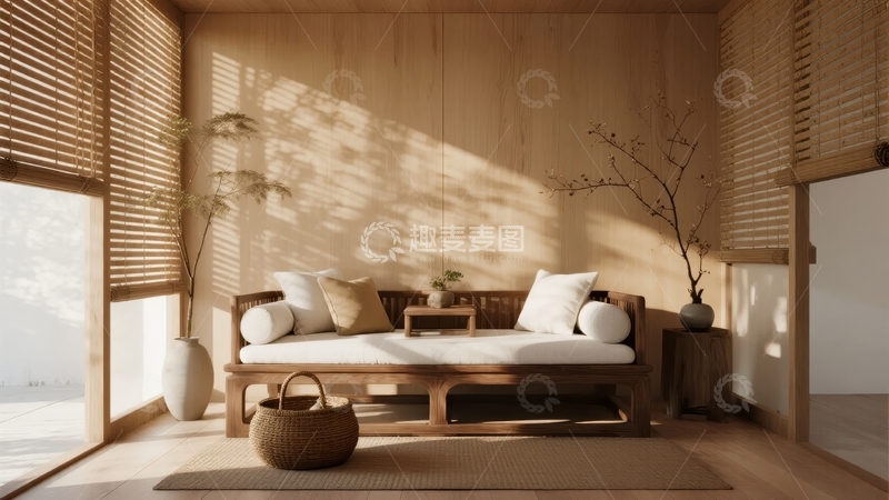 高清大图下载【趣麦麦图】日式风格室内空间阳光透过百叶窗洒在木质沙发上