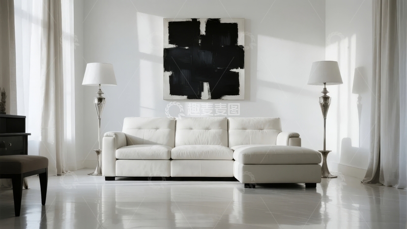 高清大图下载【趣麦麦图】现代简约风格客厅中央摆放白色沙发