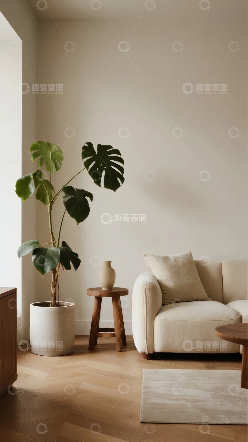 高清大图下载【趣麦麦图】现代简约风格客厅一角摆放着沙发和绿植