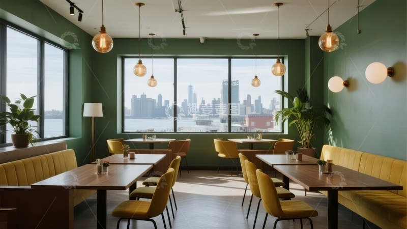 高清大图下载【趣麦麦图】现代餐厅室内设计配城市景观窗户
