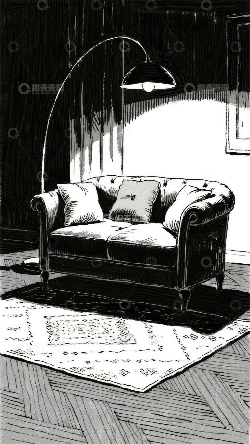高清大图下载【趣麦麦图】昏暗房间内古典沙发与落地灯的静谧角落