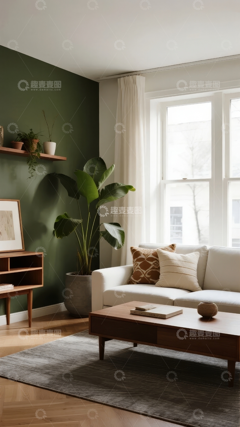 高清大图下载【趣麦麦图】现代简约风格客厅绿墙配大窗自然光充足