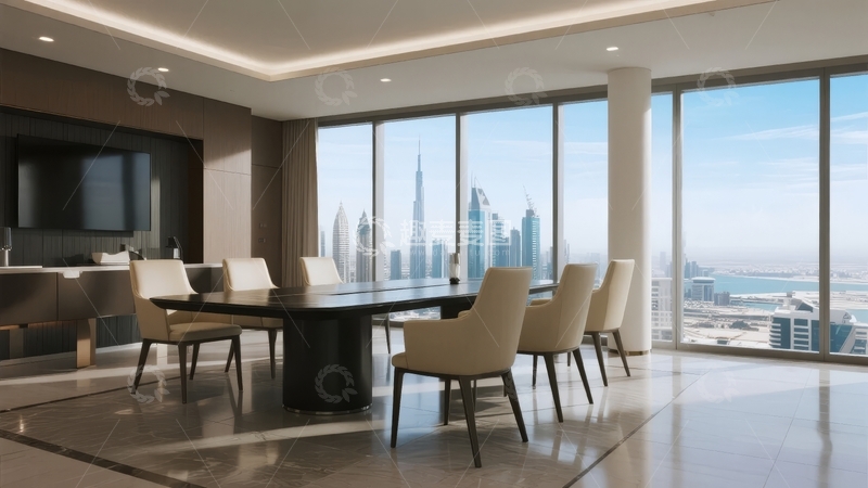 高清大图下载【趣麦麦图】现代豪华餐厅内景配以城市天际线景观