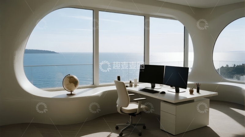 高清大图下载【趣麦麦图】现代办公室内临海景观办公桌与圆形窗户设计