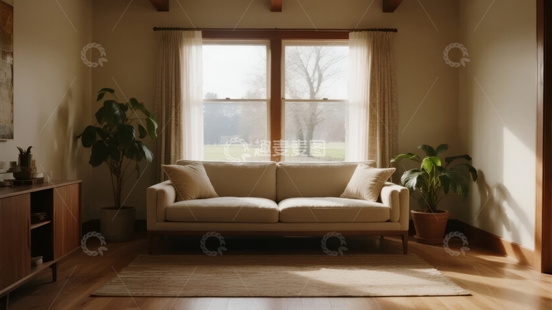 高清大图下载【趣麦麦图】阳光洒满的客厅内摆放着米色沙发和绿植