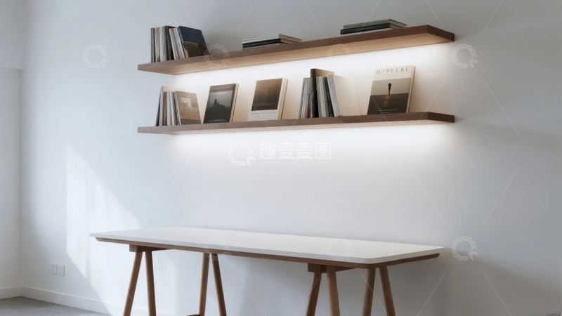 高清大图下载【趣麦麦图】现代简约风格墙架搭配木质桌椅的室内场景