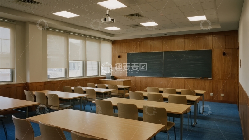 高清大图下载【趣麦麦图】空旷教室内部排列整齐的桌椅和黑板