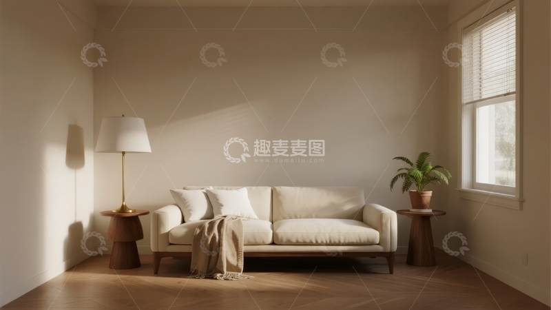 高清大图下载【趣麦麦图】简约风格客厅阳光透过窗户洒在沙发和地板上