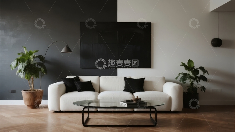 高清大图下载【趣麦麦图】现代简约风格客厅黑白配色沙发与绿植装饰