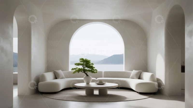 高清大图下载【趣麦麦图】现代简约风格客厅透过拱形窗户欣赏湖景