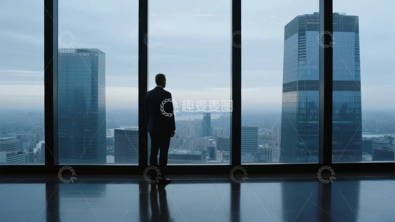 高清大图下载【趣麦麦图】商务人士在高楼窗前眺望城市景观